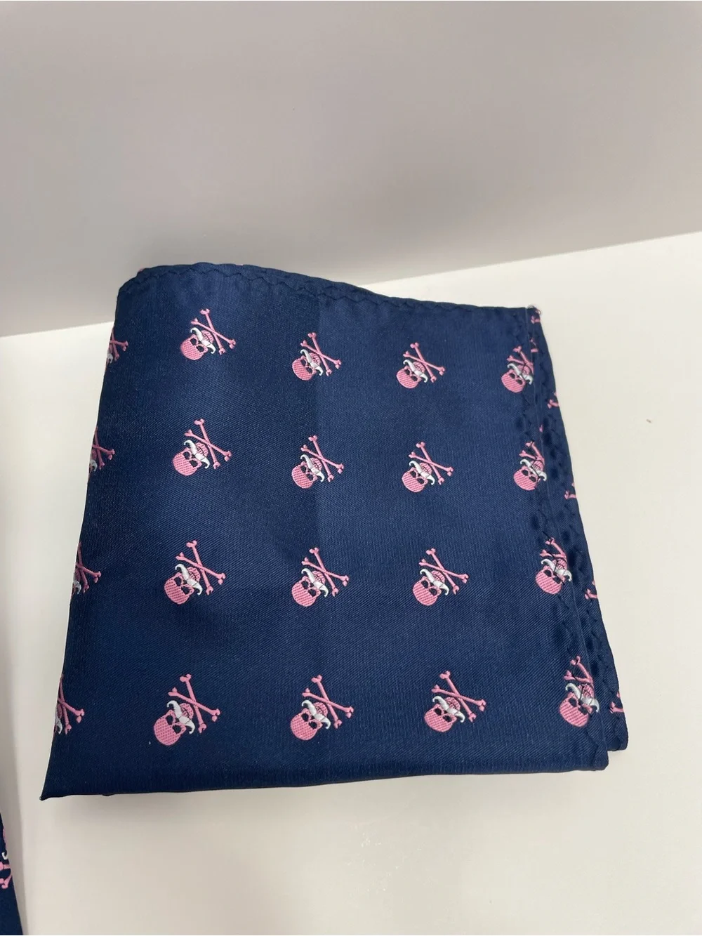 Men's Navy Tie and Pocket Square Set with Pink Skull with Mustache Pattern
